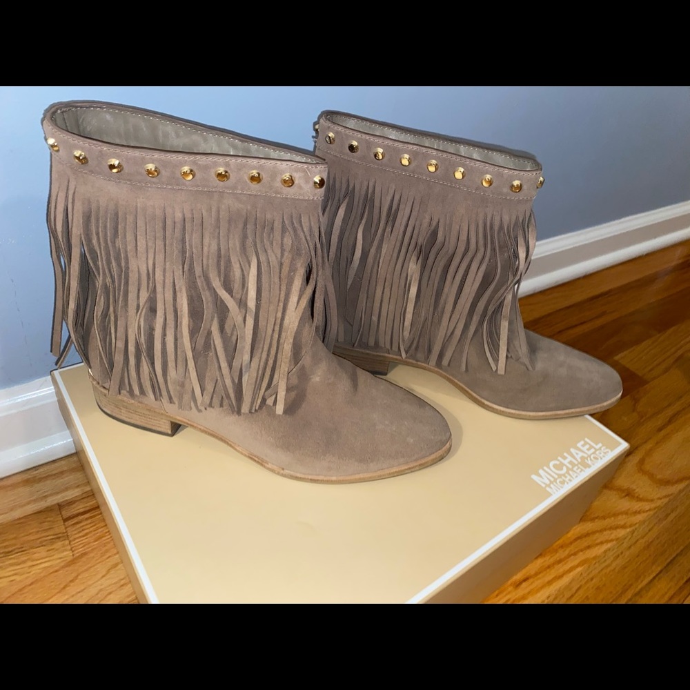 Suede Fringe booties with Gold hardware